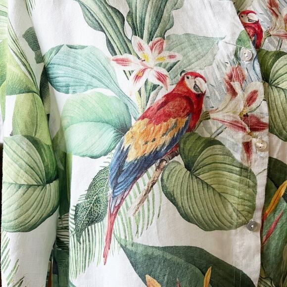 iLinen Lifestyle Parrot Tropical Linen Button Up Maxi Blouse Pockets White Sz L - Picture 5 of 10